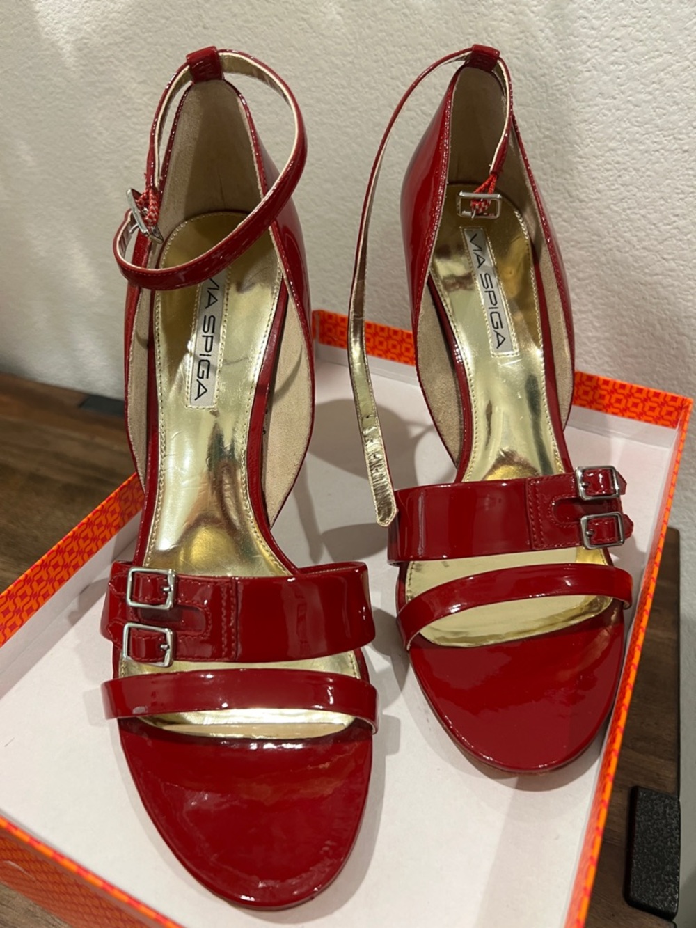 Via Spiga Red Patent Double-Strap Open-Toe Heels. No tag, but not worn.
